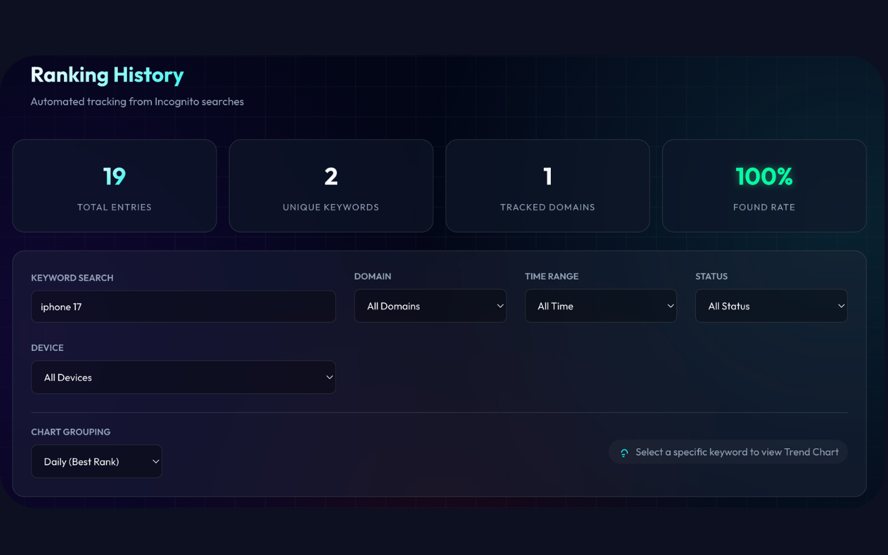 Rank Checker history view with past rank check runs